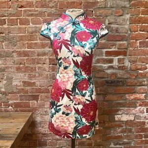 Floral Peony Cheongsam Qipao Mini Dress Pink Teal Mandarin Collar Sz S